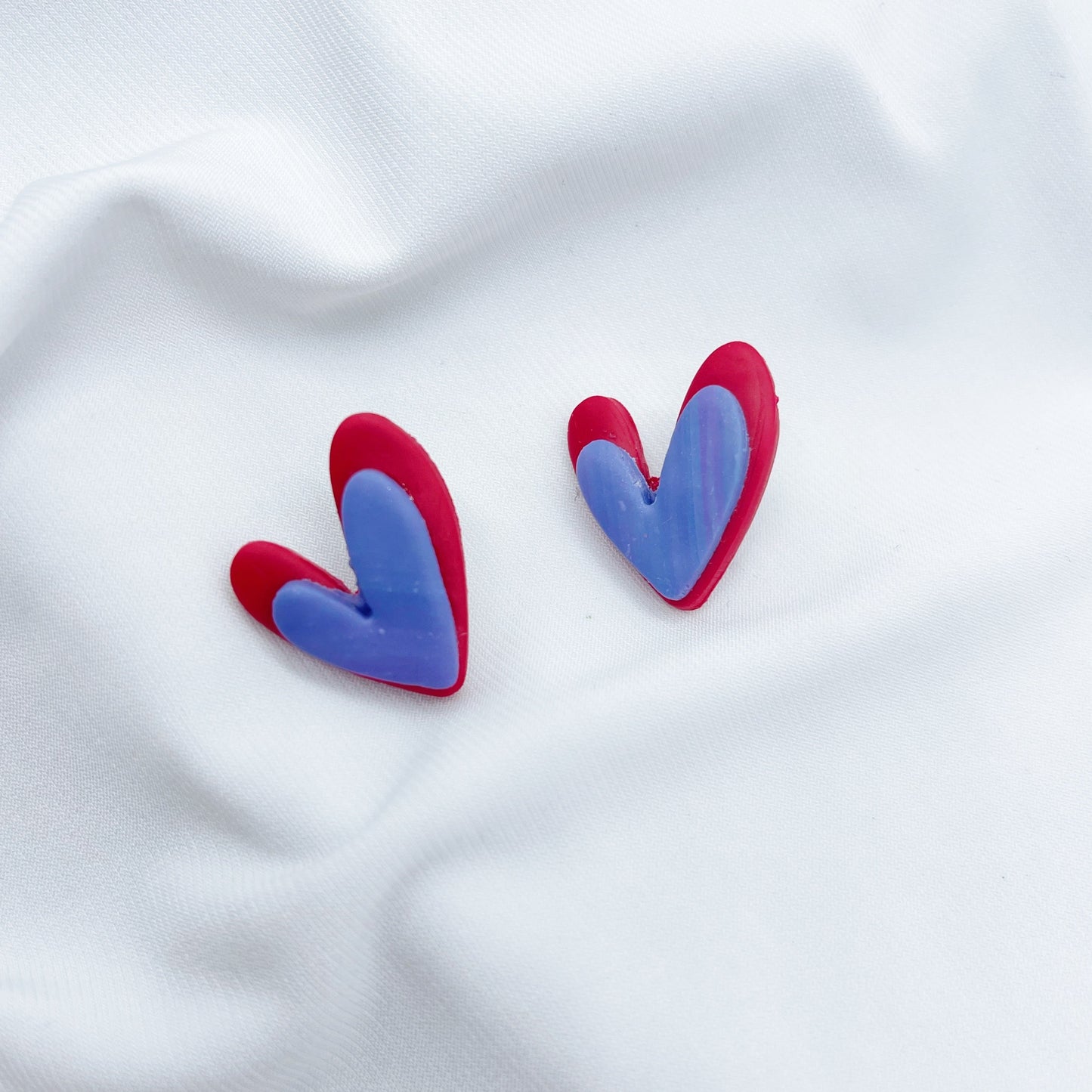 Red and Lilac Double Heart Studs $18